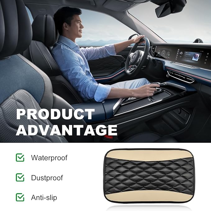 Car Center Console Cushion Pad, 12.6 × 7.48 Inches Waterproof Car Armrest Seat Box Cover, PU Leather Armrest Cover Protector for Most Vehicle, Universal Car Interior Accessories (Black+Beige)