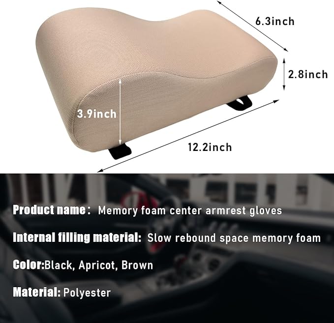 Car Armrest Cushion, 12.2"×6.3"×3.9" Memory Foam Center Console Armrest Pad, Comfortable Armrest Console Pillow Protector for Most Vehicles, Universal Car Accessories (Beige)