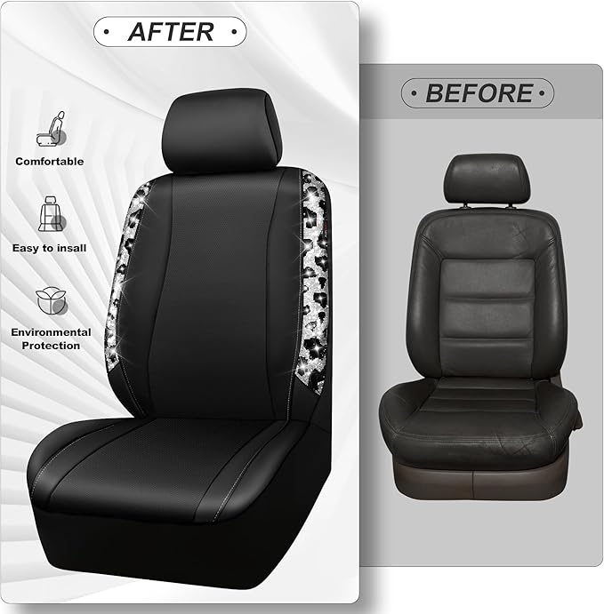 CAR PASS Cow Diamond Leather Bling Car Seat Covers Universal, Faux Shining Rhinestones Two Front only, Fit 95% Automotive Glitter Crystal Sparkle Strips for Cute Women Girl, 2PCS Cow Silver Diamond