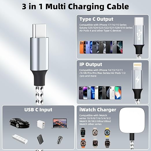 Travel Essentials 3in1 USB C Multi Charging Cable for iPhone Watch Charger,USB C to Type C/IP/iWatch Charger, Charging Cords for Multiple Devices Compatible with iWatch Series&iPhone 16-12 5FT