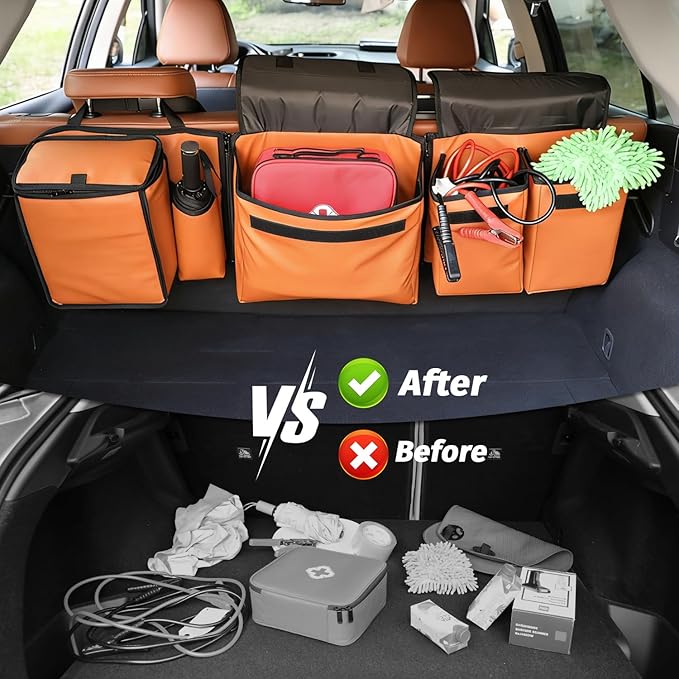Deluxe Leather Trunk and Backseat Organizer for Car SUVs & RVs, Detachable Storage Modules with Built-in Cooler, Patent Pending (Orange)