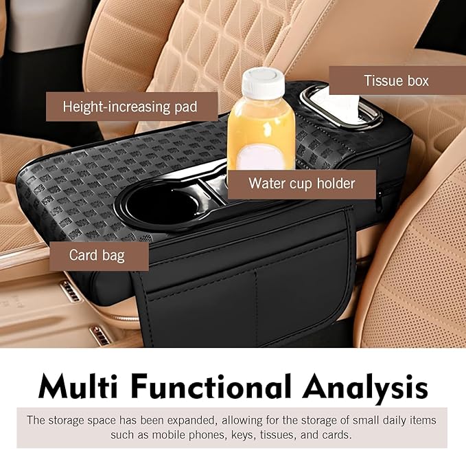 Car Center Console Leather Armrest Increase Cushion, MultiFunctional Armrest Box Pad with Dual Cup Holder, Tissue Box, Side Card Holder, Universal for Most Cars, SUVs, Trucks (Black)