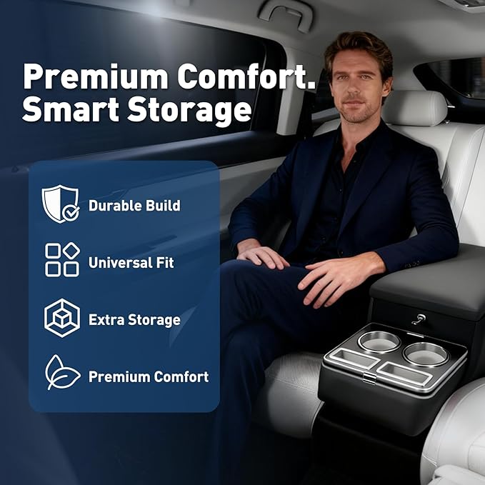 24L Center Console Between Seats for Minivans, SUVs & Trucks, 20"L x 9.65"W x 13.78"H Floor/Bench Seat Organizer with Locking Hidden Storage, Dual Cup Holders & Armrest, No-Drill Installation