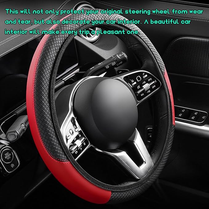 Car Steering Wheel Cover, 15 inch Carbon Fiber Microfiber Leather Elastic Steering Wheel Protector, Breathable Anti-Slip Comfortable Steering Wheel Covers for Most Cars (Black&Red, AD)