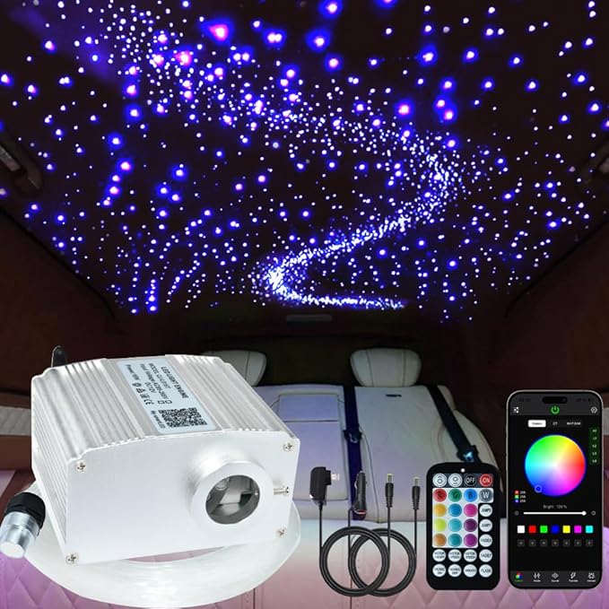 FIREWORK Starlight Headliner Kit, Fiber Optic Lights 10W RGBW Twinkle+Music Sync Effect+APP+Remote, 260pcs 6.5ft/2m 0.03in/0.75mm Fiber Cable for Star Lights for Car/EV & Home Theater Ceiling