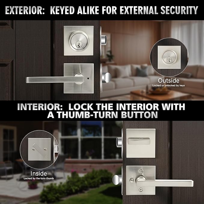 Exterior Door Lock Set with Deadbolt, Front Door Handle Set with Deadbolt, Door Levers Single Cylinder Deadbolt Set, Keyed Alike Heavy Duty Keyed Privacy Handles Locksets,(Satin Nickel)