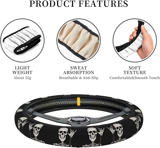 Rock and Roll Skull Steering Wheel Cover Men, Comfortable Elastic Steering Car Wheel Cover Fit 15 inches Universal Accessories Suvs Trucks Decor