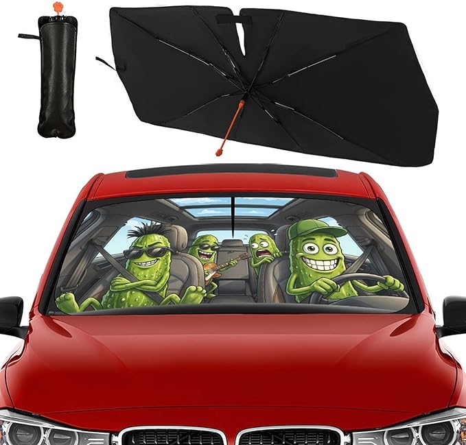 Socira Funny Pickle Car Windshield Sun Shade Umbrella Pickle Gifts Foldable Sunshade for Front Window Auto Windshield Sunshade Covers Car Accessories Protect from Sun Rays Heat 57'' X 30''