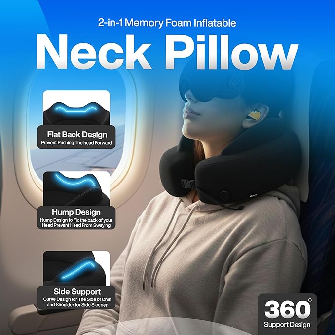 4-in-1 Travel Set – Inflatable Neck Pillow, Convertible Lumbar Support & Foot Hammock, 3D Sleep Mask & Ear Plugs – Complete Comfort Kit for Airplane, Office & Car – Gift-Ready (Black)