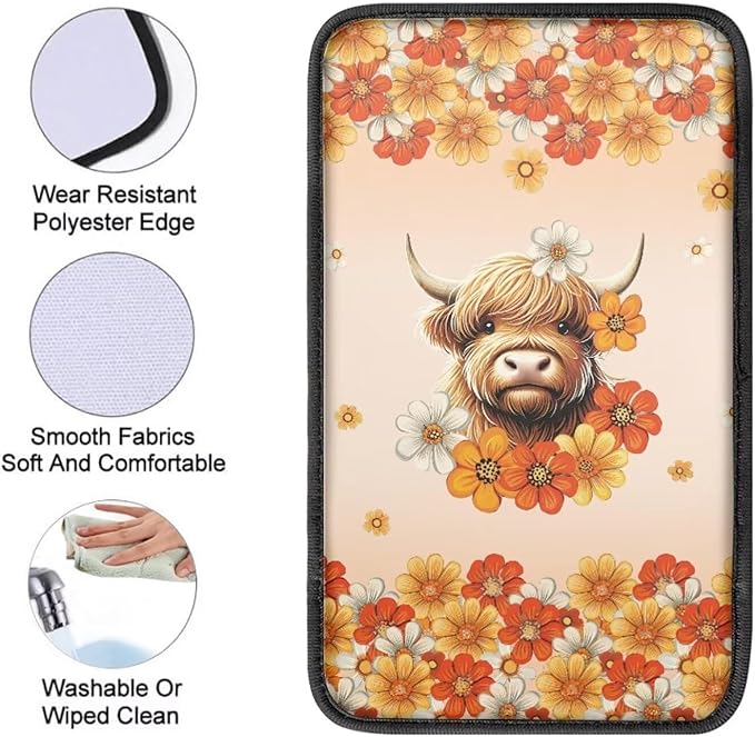 UNICEU Flowers Highland Cow Armrest Cover Pad, Universal Fit Car Center Console Cushion Pad, Anti Dirty Scratch Proof Car Seat Box Cover for Most Vehicle Truck Cars