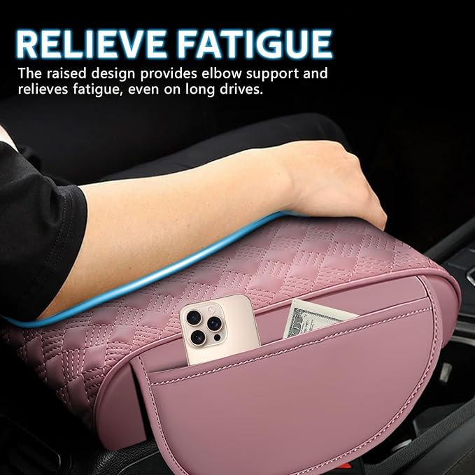 wuyaoyao Car Center Console Cover, 12.2"×8.27"×1.97" Leather Center Console Protector, Auto Armrest Pad with 2 Storage Pocket, Universal Armrest Cover Cushion for Most Cars, Trucks, SUVs (Pink)