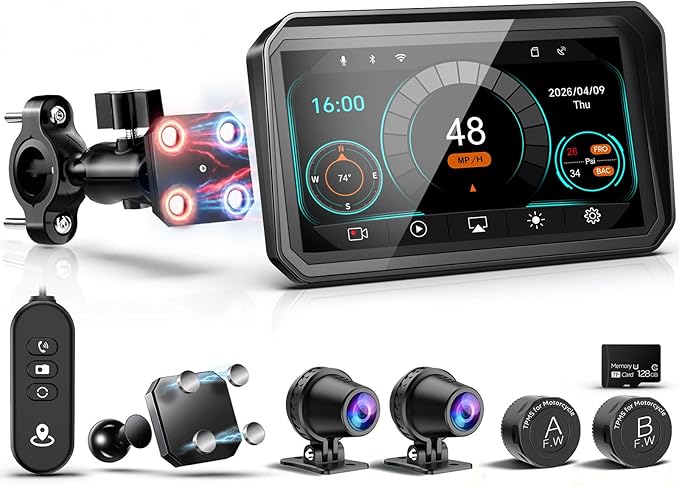 2026 LBW 6" Portable Motorcycle CarPlay GPS(Includes 128G SD), with Wireless Android Auto, Dual 2K Dash Cam/Recorder, Navigation, HD Waterproof Touchscreen, Quick-Release Magnetic Bracket, TPMS, BT