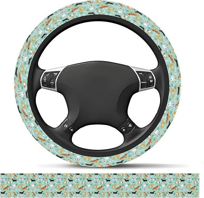 Elastic Car Steering Wheel Cover, Universal 15 inch Non-Slip Breathable Neoprene Steering Wheel Protector, Car Accessories for Women Men Fit Auto, Suvs, Truck Cute Dogs