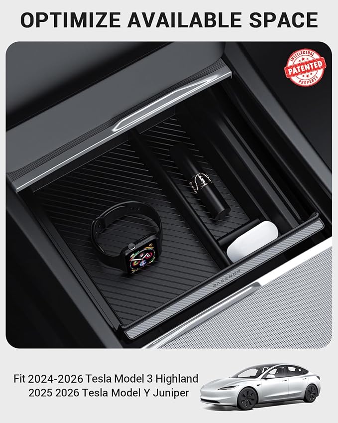 BASENOR Center Console Organizer for 2024-2026 Tesla Model Y Juniper & Model 3 Highland, OEM Fit Hidden Drawer Storage Tray for Model Y (Performance/Premium) & Model 3 (Standard/Premium/Performance)