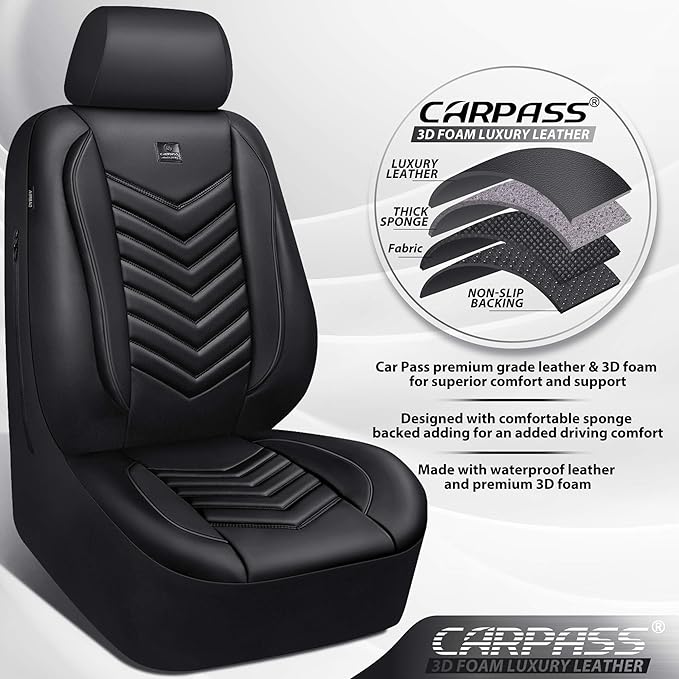 CAR PASS 3D Foam Faux Leather Car Seat Covers Full Set,Waterproof Leather Seat Cover for Cars,Luxury Universal Fit for SUV Truck Sedan Automotive, Armrest Airbag Compatible Anti-Slip, All Black