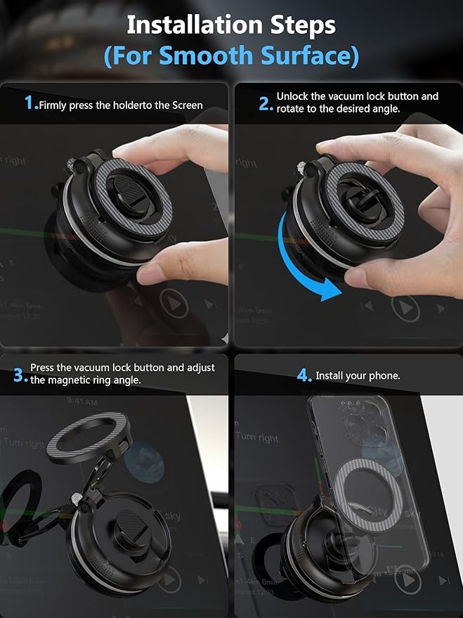 Magnetic Phone Holder for Car [90+LB Strongest Suction&3000gf Strongest Magnetic] 360° Adjustable Vacuum Phone Holders for Your Car, Magsafe Car Mount for iPhone (Black)