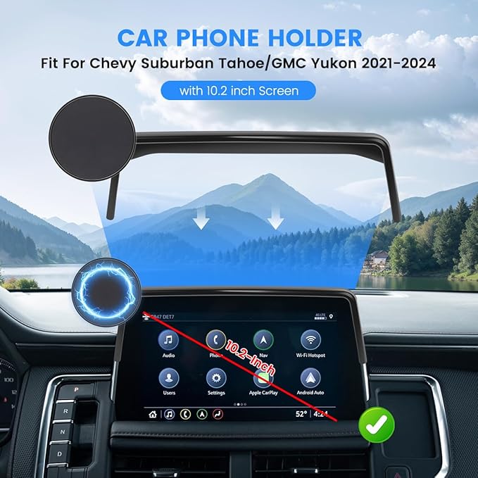 Car Phone Holder Fit for Chevy Suburban Tahoe/GMC Yukon 2021-2024 Accessories 10.2-Inch Screen Fixed Clip, Cell Phone Mount Compatible with MagSafe Hands-Free 360° Rotation Automobile Cradles