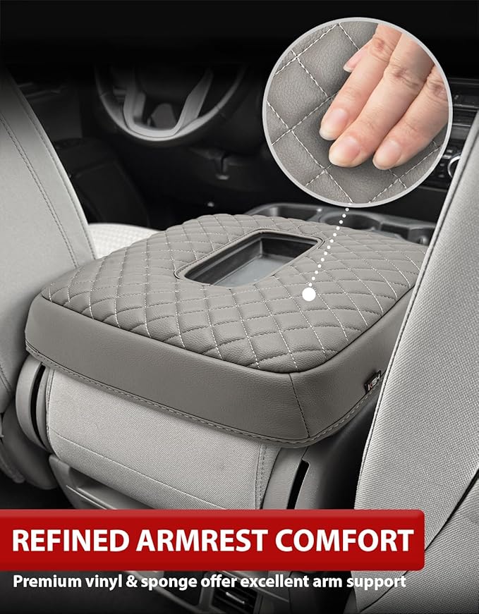 KBH Center Console Armrest Cover for 2019-2026 Chevy Silverado & GMC Sierra, Middle Console Lid Covering Protective Pad, PU Leather Accessories, Anti-Scratch, Gray (Fits Jump Seat Console Only)