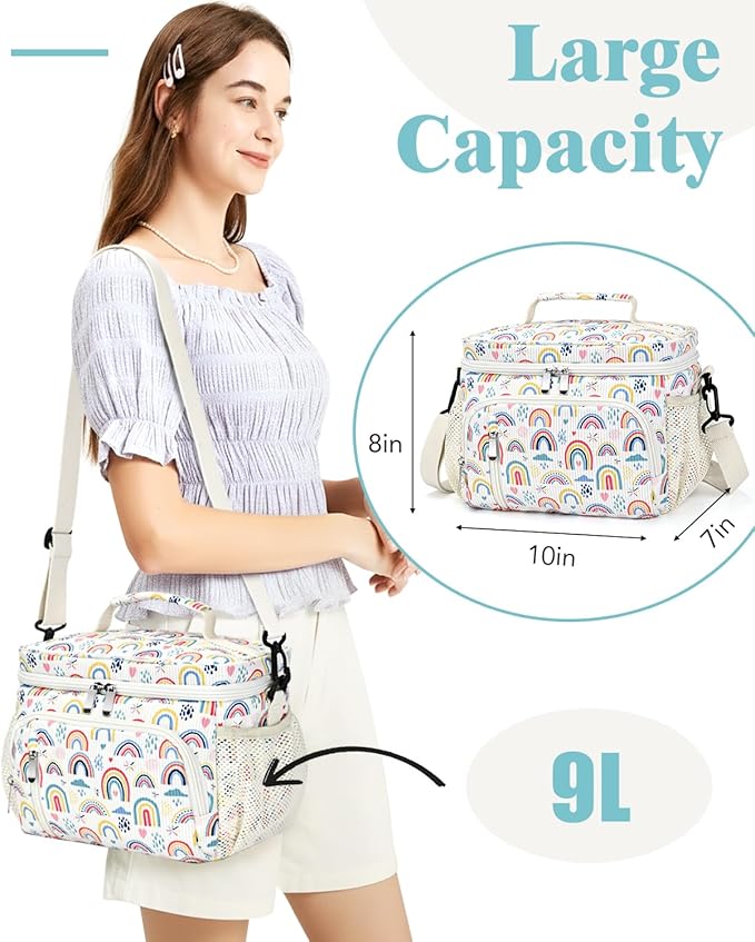 Insulated Lunch Bag for Men & Women, 9L Leakproof Lunch Box Soft Cooler Tote with 5 Pockets, 600D Oxford, EVA Lining, Adjustable Strap for Work, Picnic, Beach&Travel-Corduroy Rainbow