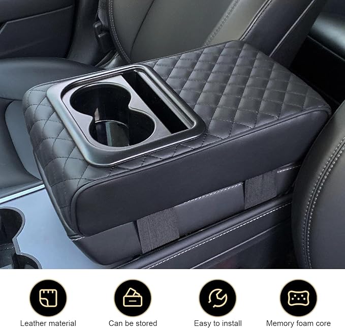 Car Center Console Armrest Pillow, 14"×8.3" Leather Memory Foam Armrest Cushion with Cup Holder & Phone Holder, Waterproof & Anti-Scratch Arm Rest Protector, Universal for Most Cars (Black)