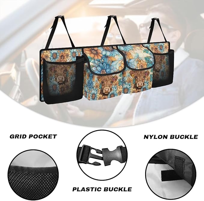 Hippie Floral Highland Cow Trunk Organizer Car Women Large Capacity Car Back Seat Organizer Car Organization with Lid