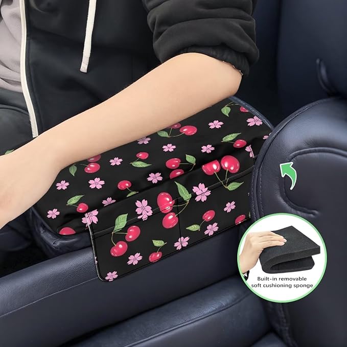 Dreaweet Cherry Print Arm Rest Cover for Car Women Black Thick Center Console Cover Pad with Pockets Cute Car Accessories Anti-Scratch Armrest Cover for Cars SUV Sedan
