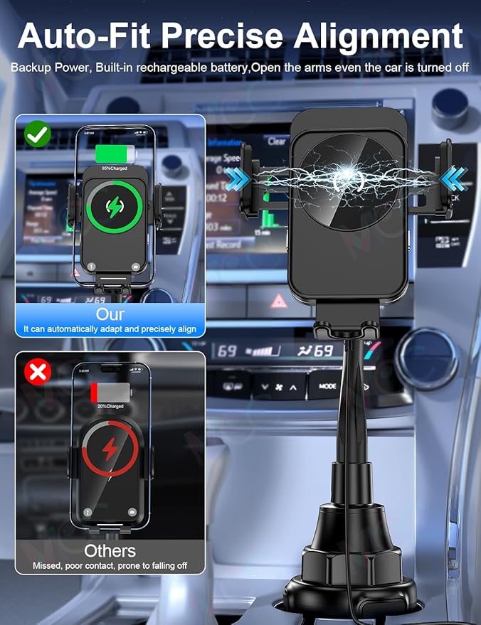 Cup Holder Phone Mount, [Auto Clamping] 2 in 1 Wireless Car Charger Holder Fast Charging, 15W with Quick Extension Long Arm, Fast Swivel Adjustable, 360° Rotatable for iPhone 17/16/15/14/13/12 pro/12