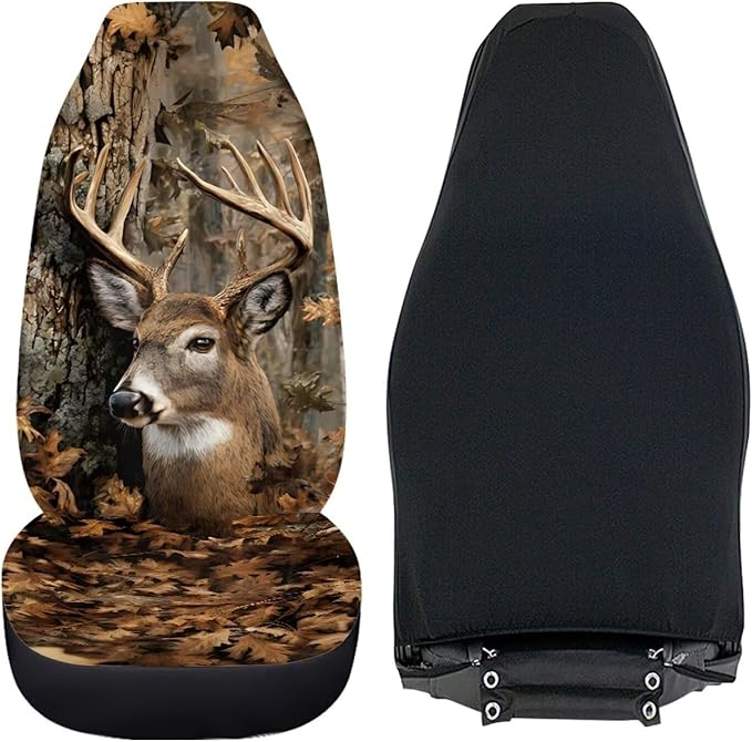 Car Seat Covers Front Seats Only Easy Installation Auto Interior Accessories 2 Pcs Set, Camo Hunting Deer Car Seat Covers Protector Suitable for Cars, SUV and Trucks, Easy to Install