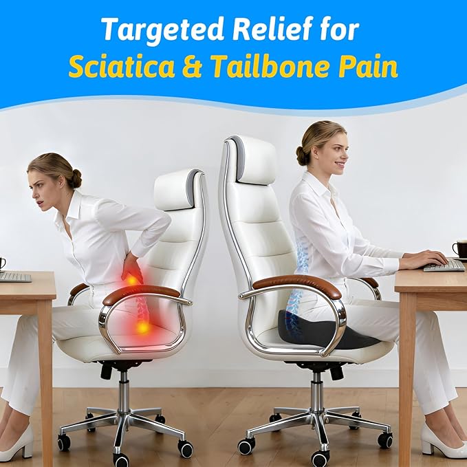 Seat Cushion for Tailbone & Sciatica Pain Relief - Plush Yet Supportive Ergonomic Memory Foam Chair Cushions for Office Chair, Car, Wheelchair,Airplane & Long Sitting (Gray)