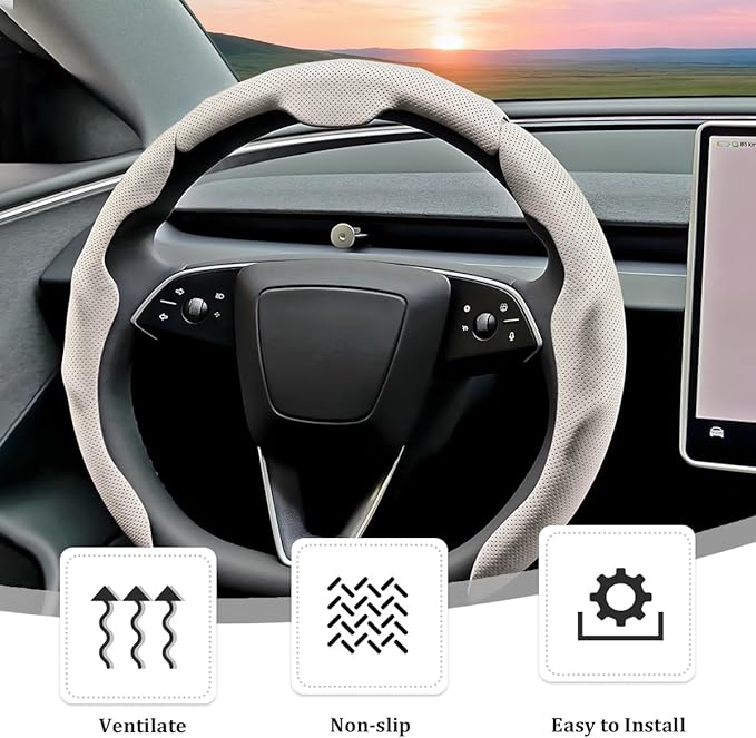 3PCS Car Steering Wheel Cover, Nappa Leather Breathable Non-Slip Segmented Steering Wheel Protector, Snap-on Auto Interior Decoration Accessories, Universal Fit (White)