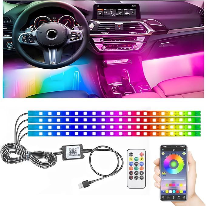 STONEBANKS 5.9FT Car LED Strip Lights, 72LEDs Smart RGB Car Interior Lights with APP & Remote Dual Control, Multicolor Music Sync and Mic Mode 4-in-1 Lines Design LED Lights for Car Decor