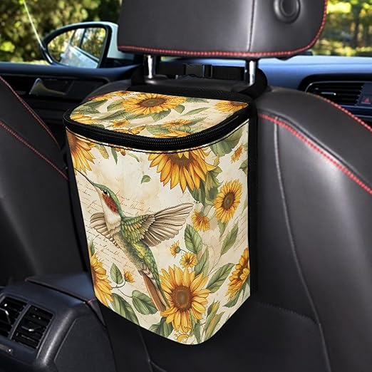 BIGCARJOB Hummingbird Sunflower Car Trash Bin Hanging Accessories Storage Bag for Women Girly Cute With Lid Collapsible Reusable