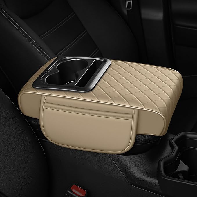 Armrest Cover for Car Fit for Jeep Renegade - Center Console Cover with Cup Holders and 2 Storage Pockets(Beige)