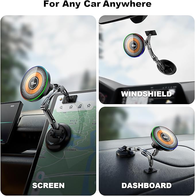 MagSafe Car Mount Charger, 2 in 1 Magnetic Phone Holders for Car, 15W Fast Charging Mag Safe Car Charger Stick on Dashboard Windshield, Car Accessories for iPhone 17/16/15/14/13/12 Series