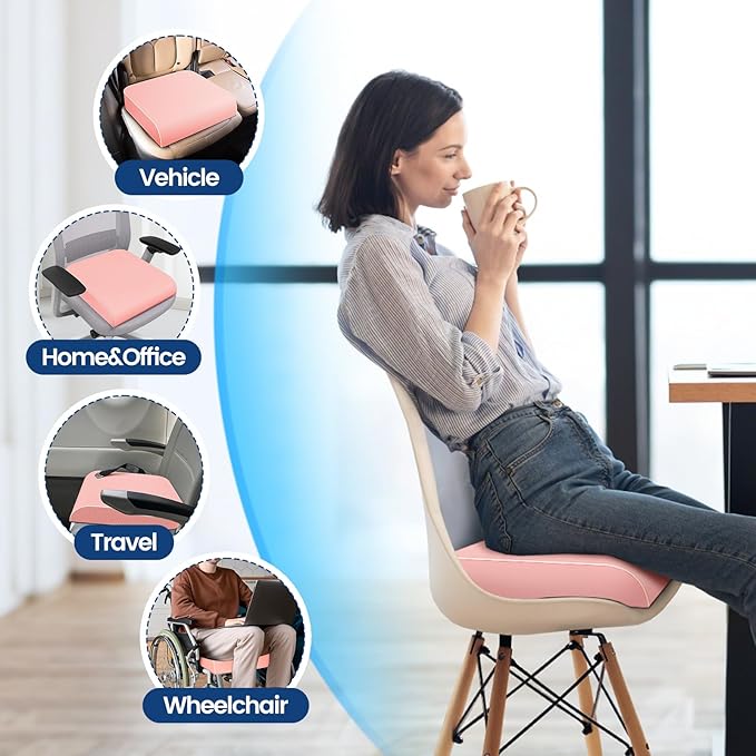 Seat Cushion for Tailbone Pain Relief, Office Chair Cushion, Memory Foam Large Chair Cushion with Non-Slip Cover for Soft Support at Office Chair, Car Seat, Airplane Pink/X-Large