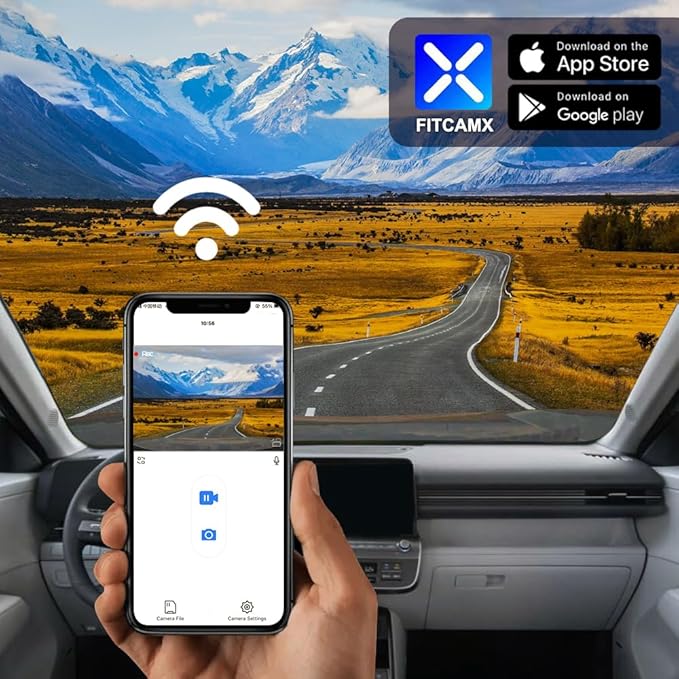 Fitcamx 4K Dash Cam Suitable for Hyundai Kona 2023 2024 2025 & Kona Electric (Part No#BE010) with Auto-Dimming, OEM Look, 2160P UHD Video, WiFi & APP, Loop Recording, G-Sensor, Plug & Play, 64GB Card