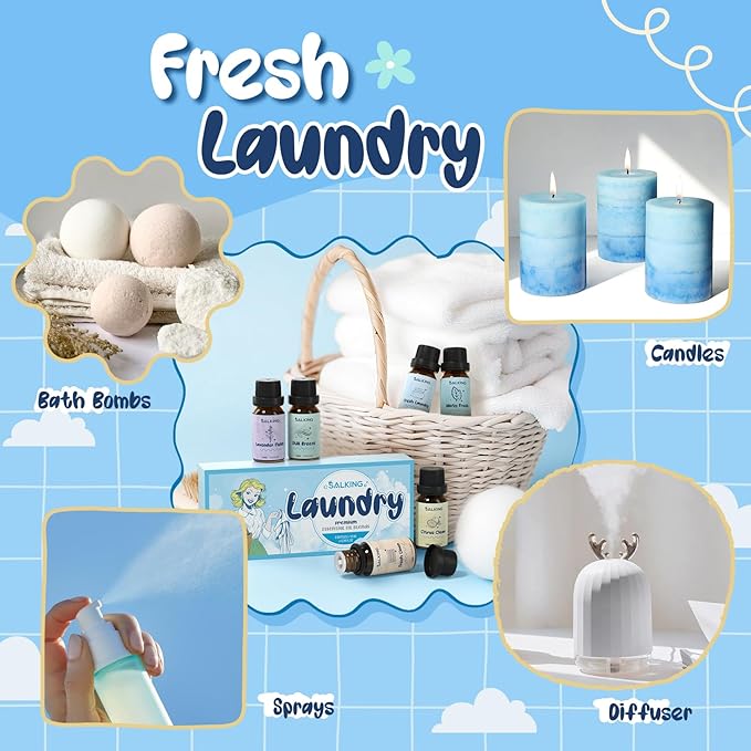 SALKING Laundry Fragrance Oils, Premium Essential Oil for Diffuser, Scented Oil Gift Set for Soap Candle Making - Citrus Clean, Fresh Laundry, Fresh Linen, Lavender Fields, Still Breeze, Minty Fresh