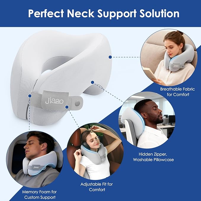 jiaao Memory Foam Neck Pillow for Travel & Airplanes, Adjustable Travel Pillow for Long Flights & Road Trips, Includes Eye Mask, Earplugs & Bag(Gray)