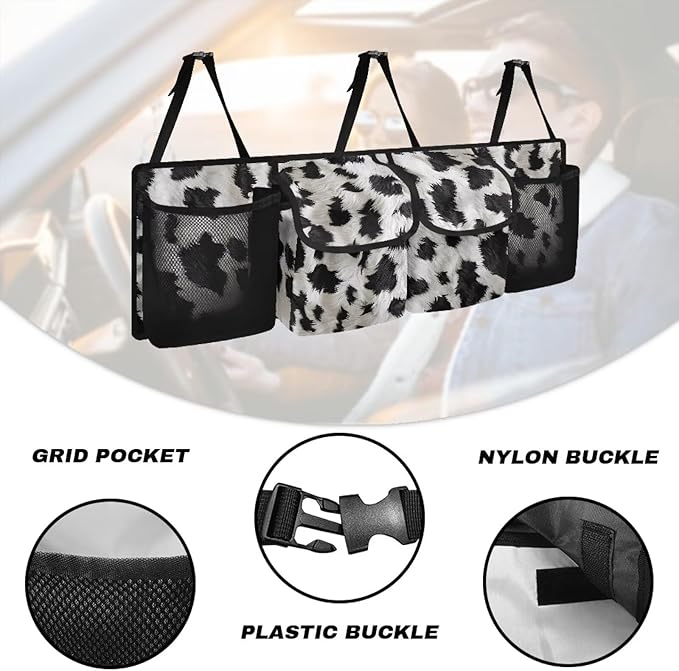 Cow Pattern Print Car Trunk Organizer, Hanging Car Back Seat Storage Bag with 4 Pockets Universal Detachable Car Interior Accessories for Sedans SUVs Truck