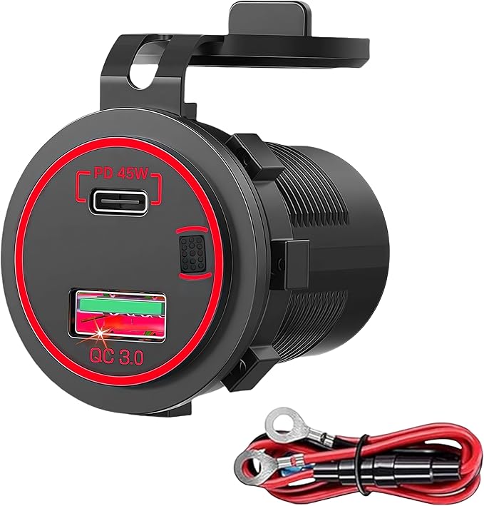 45W PD & 18W QC3.0 USB Laptop Car Charger Power Socket, Marine Type-C/USB C Port Fast Charging Adapter, 12V USB Power Outlet with ON/Off Switch Button Waterproof Cover for Boat RV Truck Golf (Red)