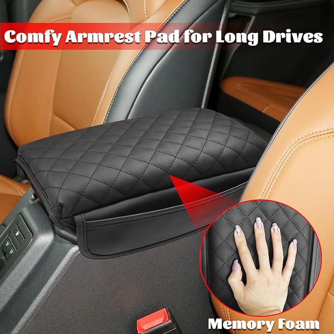 Center Console Armrest Cover Compatible with Ford Bronco 2021-2025 2/4-Door Leather Arm Rest Lid Protector Cushion Pad with Side Pockets Interior Accessories Prevent Scratching Black