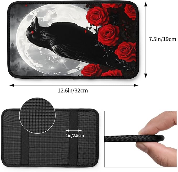 Gothic Raven Moon Red Roses Car Handrail Box Cushion Armrest Cover Auto Center Console Pad Car Decor 12.6X7.5 in