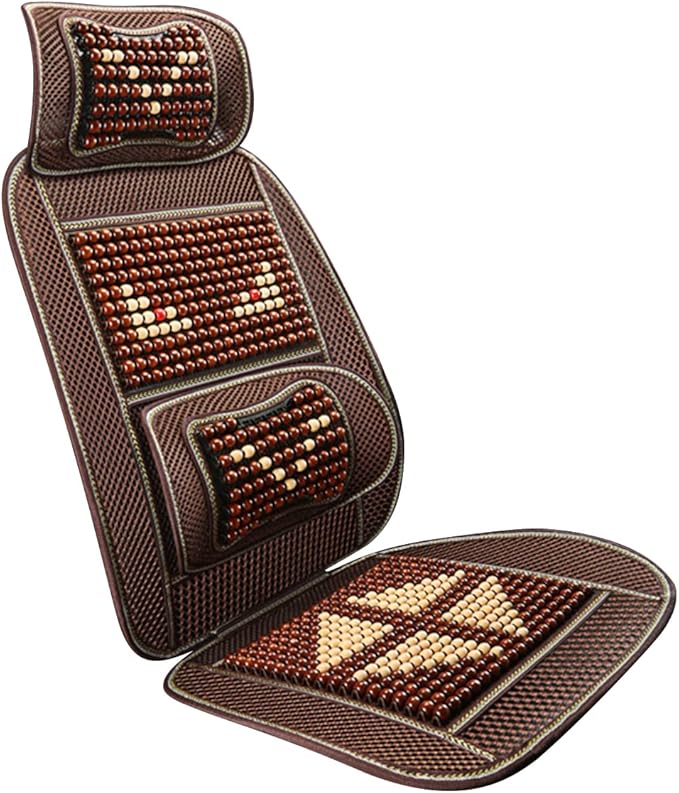 Natural Wood Beaded Seat Cover with Cooling Ventilated Mesh, Massage Seat Cushion with Lumbar Support for Car/Truck Driver