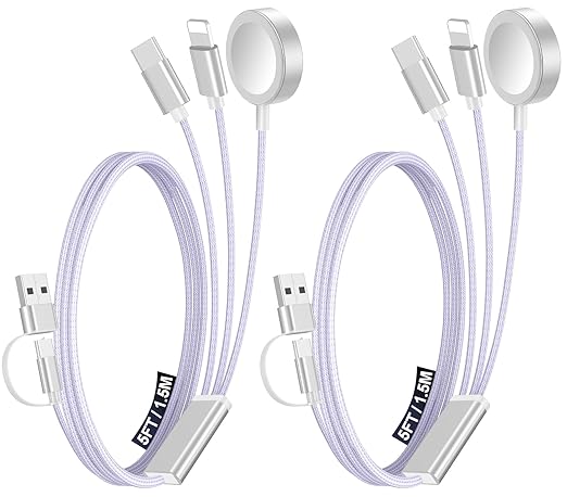 2Pack Multi Charging Cable Cord for Travel Essentials,Apple Watch Charger,iPhone Charger,[3-in-2] Type C/Lightning Cable Portable Designed for iWatch,iPhone 17-8,Galaxy S25-21,AirPods,iPad-1.5M Purple