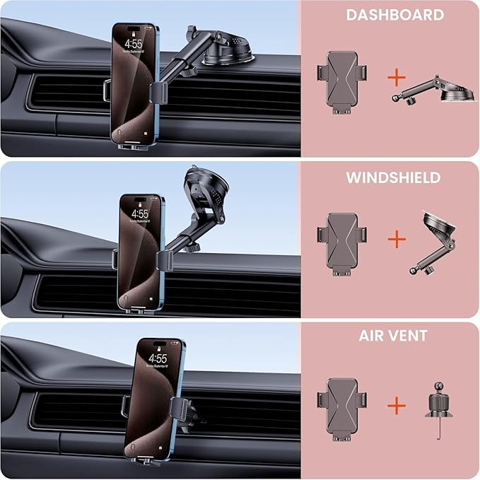 DOLYOFG Universal Car Phone Mount Holder [3-in-1 Suction Cup] for Dashboard Windshield Air Vent, Military-Grade Adhesive Phone Car Mount, One Hand Release for iPhone Samsung Android Smartphones