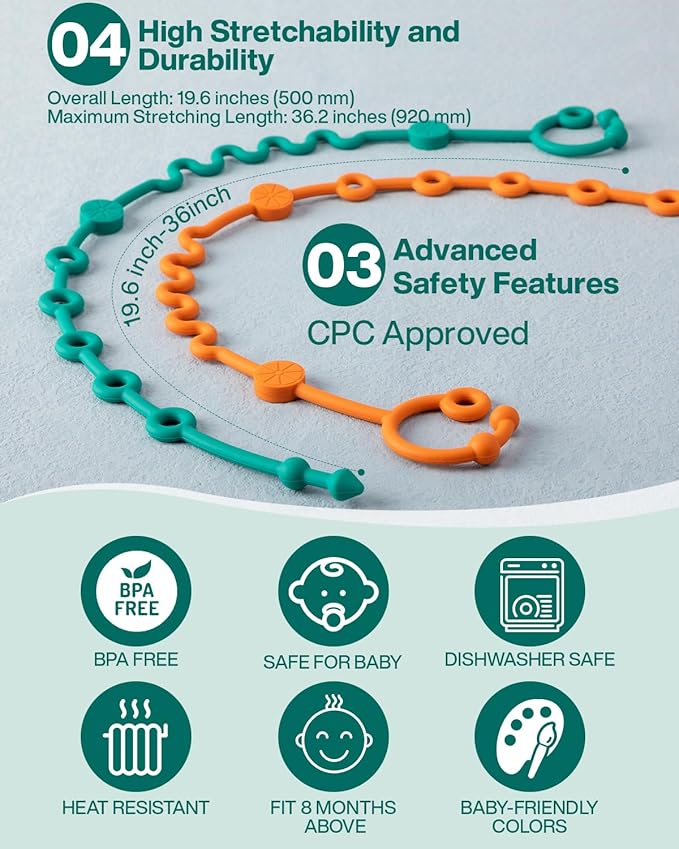 LittleHugs Toy Straps for Baby, Adjustable Toy Holder for Stroller Accessories, Silicone Tether Pacifier Clip, No Throw Travel Essential Leash for High Chair, Car Seat (3- Pack)