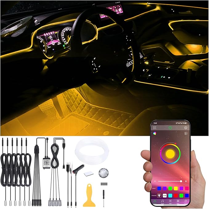 8 Meters Optic Fiber Car Ambient Footwell Lighting with Bluetooth App Control 64 Colors Multicoloured Music Interior Lighting Kit DC 12V 1W