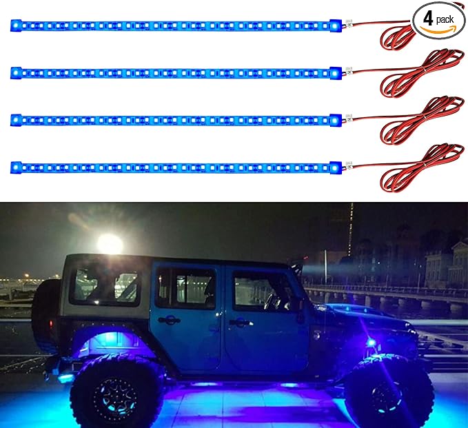 YM E-Bright Blue Led Strip Lights for Cars, 30CM Waterproof Car Underglow Lights Motorcycles Golf Cart Boat Decoration Led Interior Exterior Lights Strip,DC-12V,Pack of 4