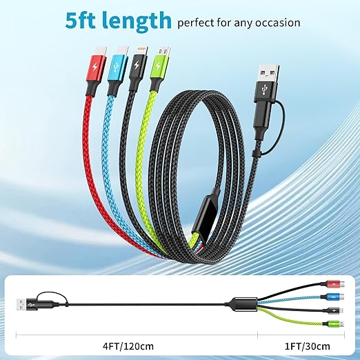 Travel Essentials 4 in 2 Multi Charging Cable [3Pack 5FT], Car Accessories Charging Cable, Chargers for Multiple Devices ith IP/Type C/Type C/Micro, Compatible with Most Phones/Tablets and More