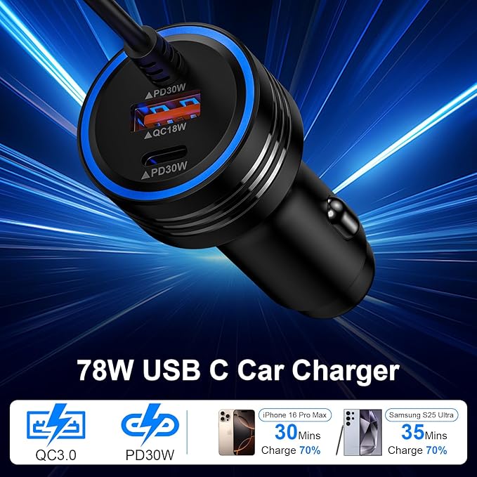 USB C 78W Car Charger for Google Pixel 10 Pro/10 Pro XL/10 Pro Fold/10/9A/9/9 Pro XL Fold/8/8 Pro/8A/7/7 Pro/7A/6 Pro,PD&QC 3.0 Fast Car Phone Cigarette Lighter USB Charger&4FT C Coiled Cable